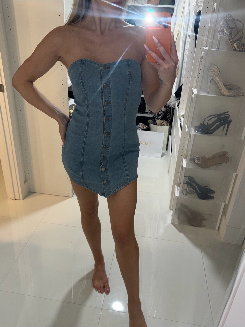 Strapless Light Blue Denim Mini Dress